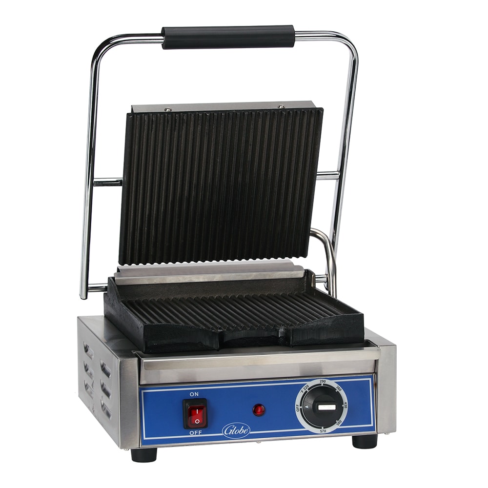 Globe GPG10 Single Commercial Panini Press w/ Cast Iron Grooved Plates, 120v