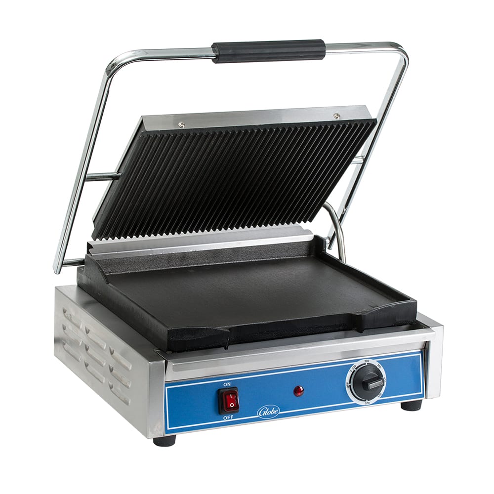 Globe GPGS1410 Single Commercial Panini Press w/ Cast Iron Grooved & Smooth Plates, 120v