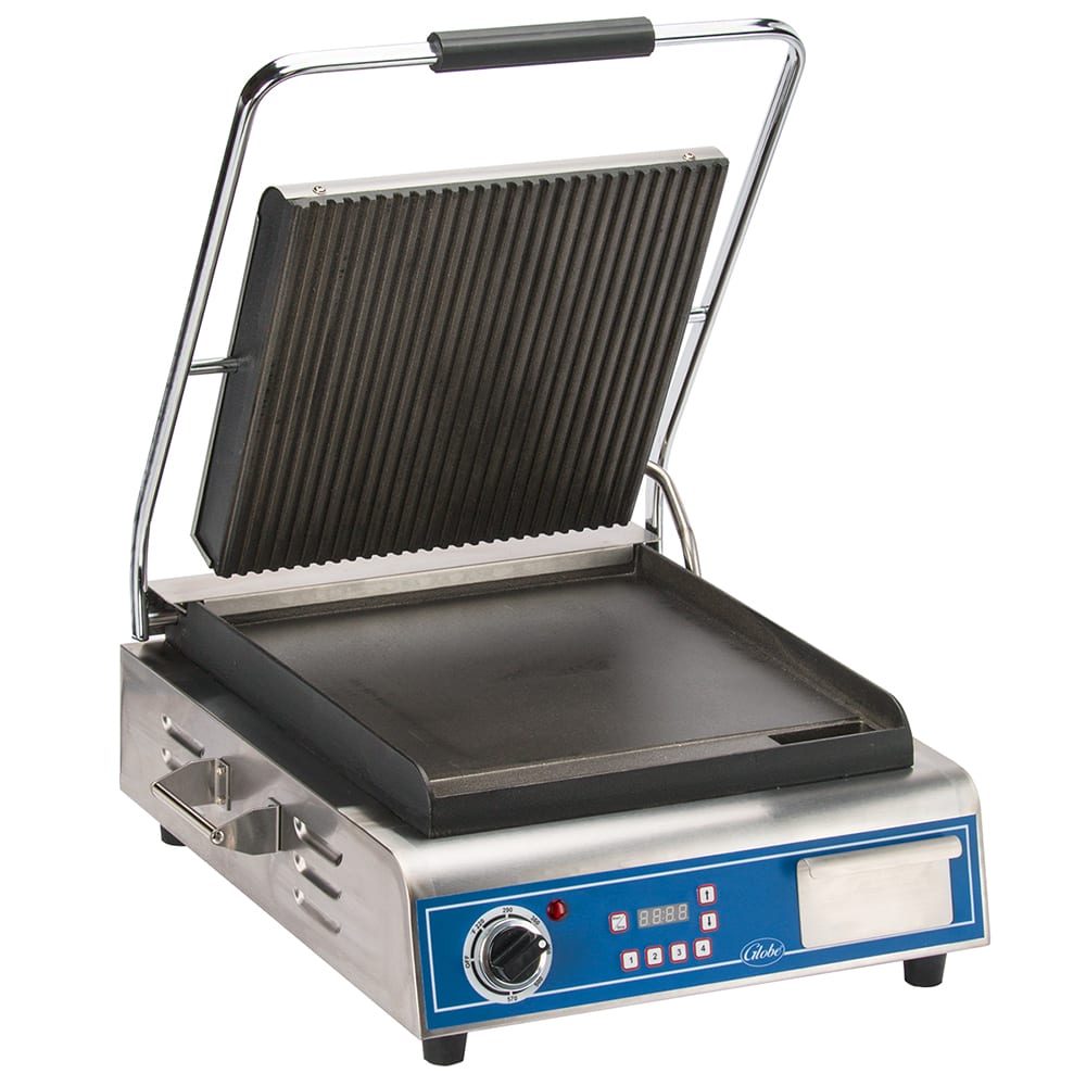 Globe GPGS14D Commercial Panini Press w/ Cast Iron Grooved Top/Smooth Bottom Plates, 120v