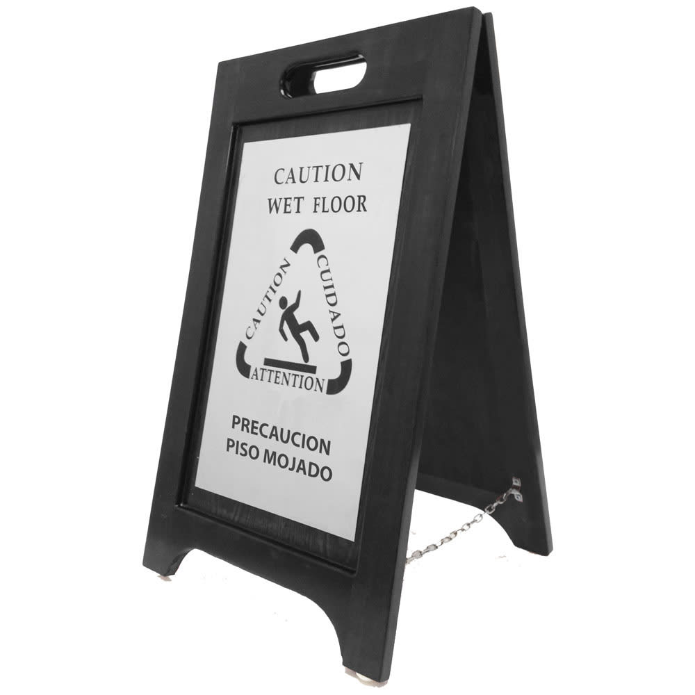 Hospitality 1 Source Multi-Lingual Caution Sign - 2 Sided Wood/Black (BLWFNI)