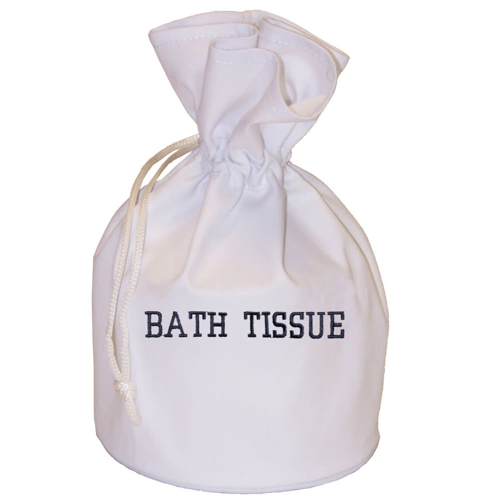 Hospitality 1 Source Bath Tissue Bag w/ Drawstring Closure - 6" x 11", Poly/Cotton, White w/ Black Embroidery (BTBAG-WH)