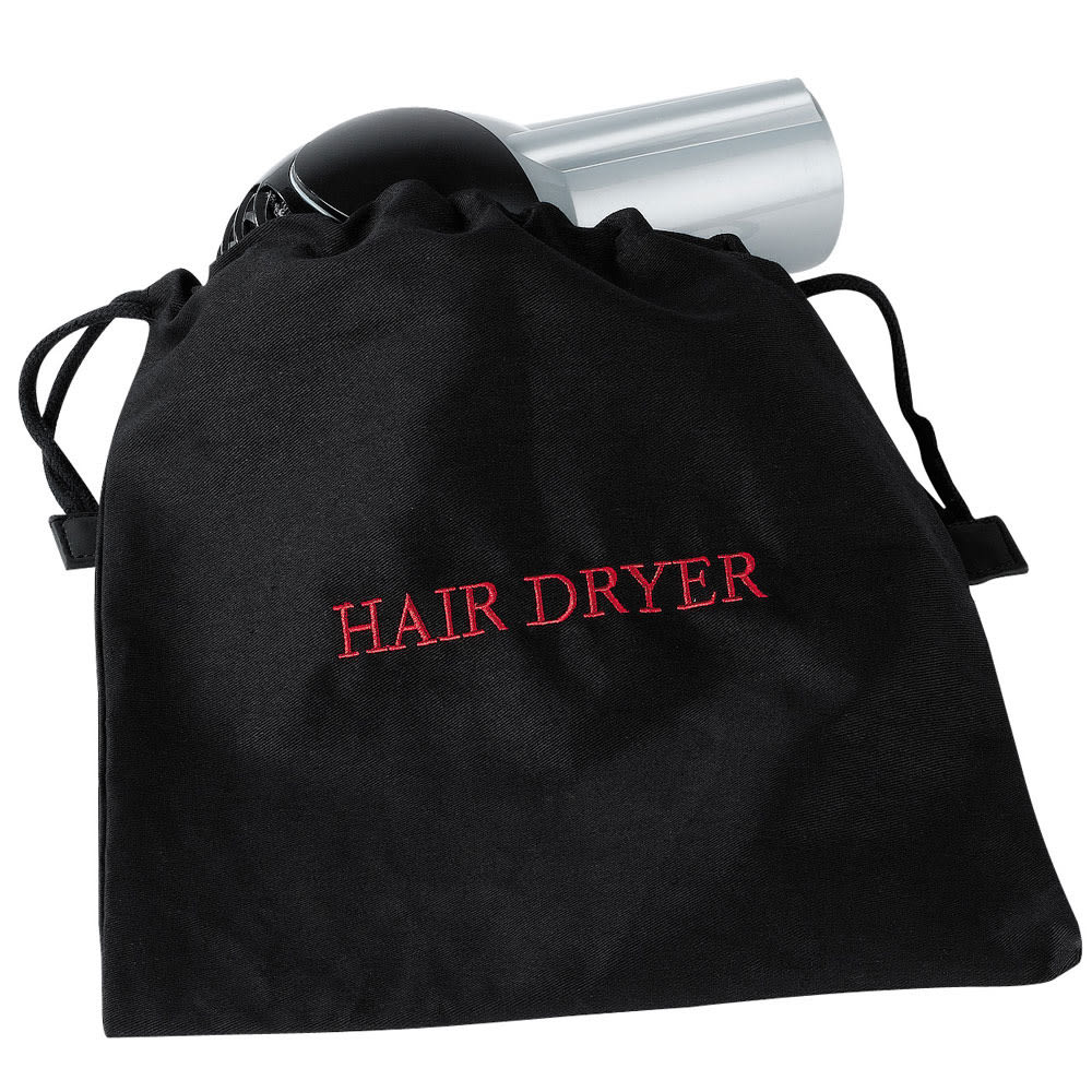 Hospitality 1 Source Hair Dryer Bag w/ Drawstring Closure - 12" x 12", Poly/Cotton, Black w/ Red Embroidery (HDBAG)