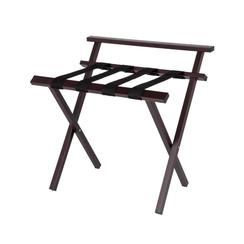 Hospitality 1 Source Folding Luggage Rack w/ 2 1/4" Black Straps - 26"W x 19"D x 26"H, Brown (LRBRPCBR)