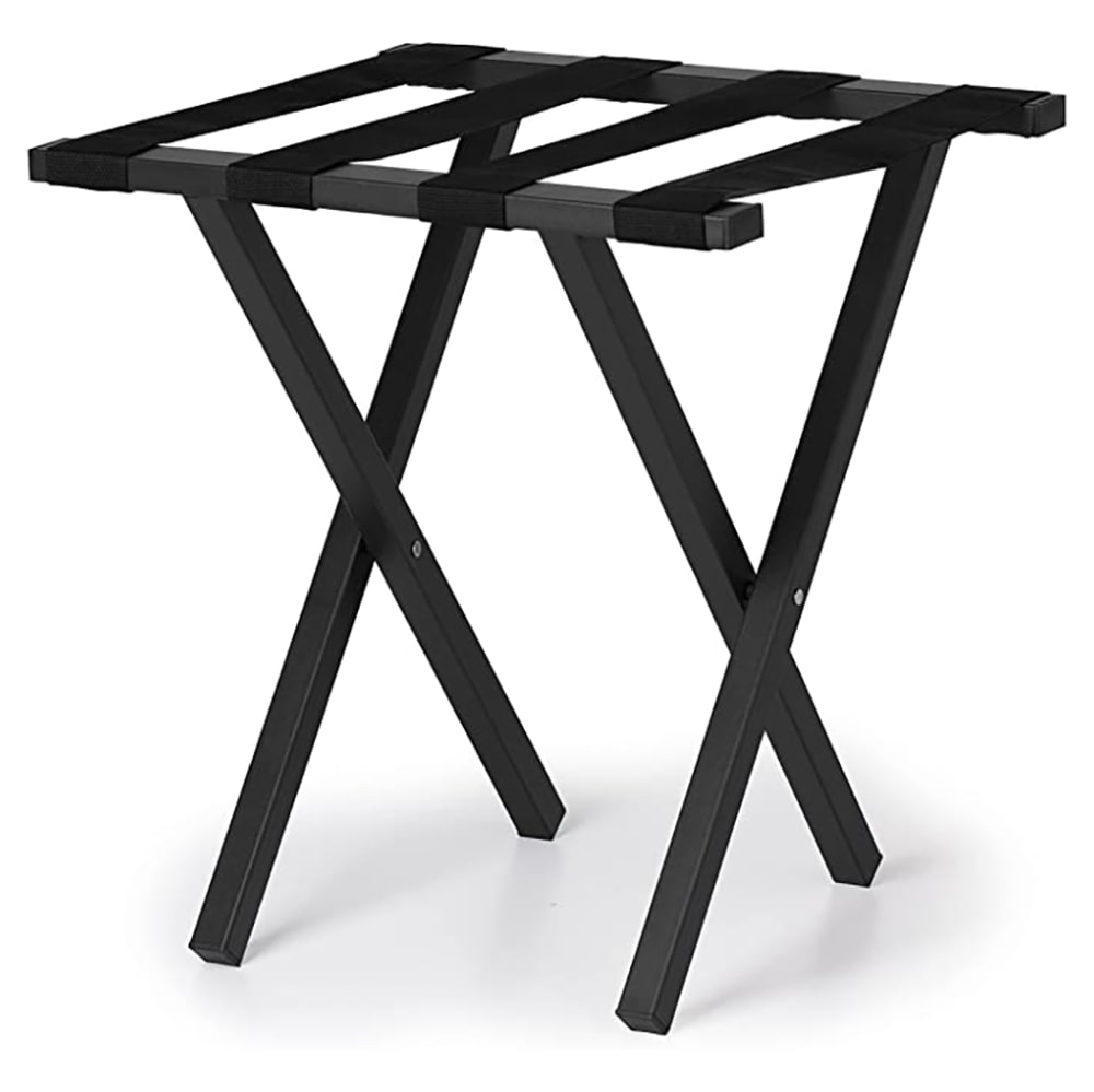 Hospitality 1 Source Folding Luggage Rack w/ 2 1/4" Black Straps - 19"W x 17"D x 20"H, Black (LRPCMINIBL)