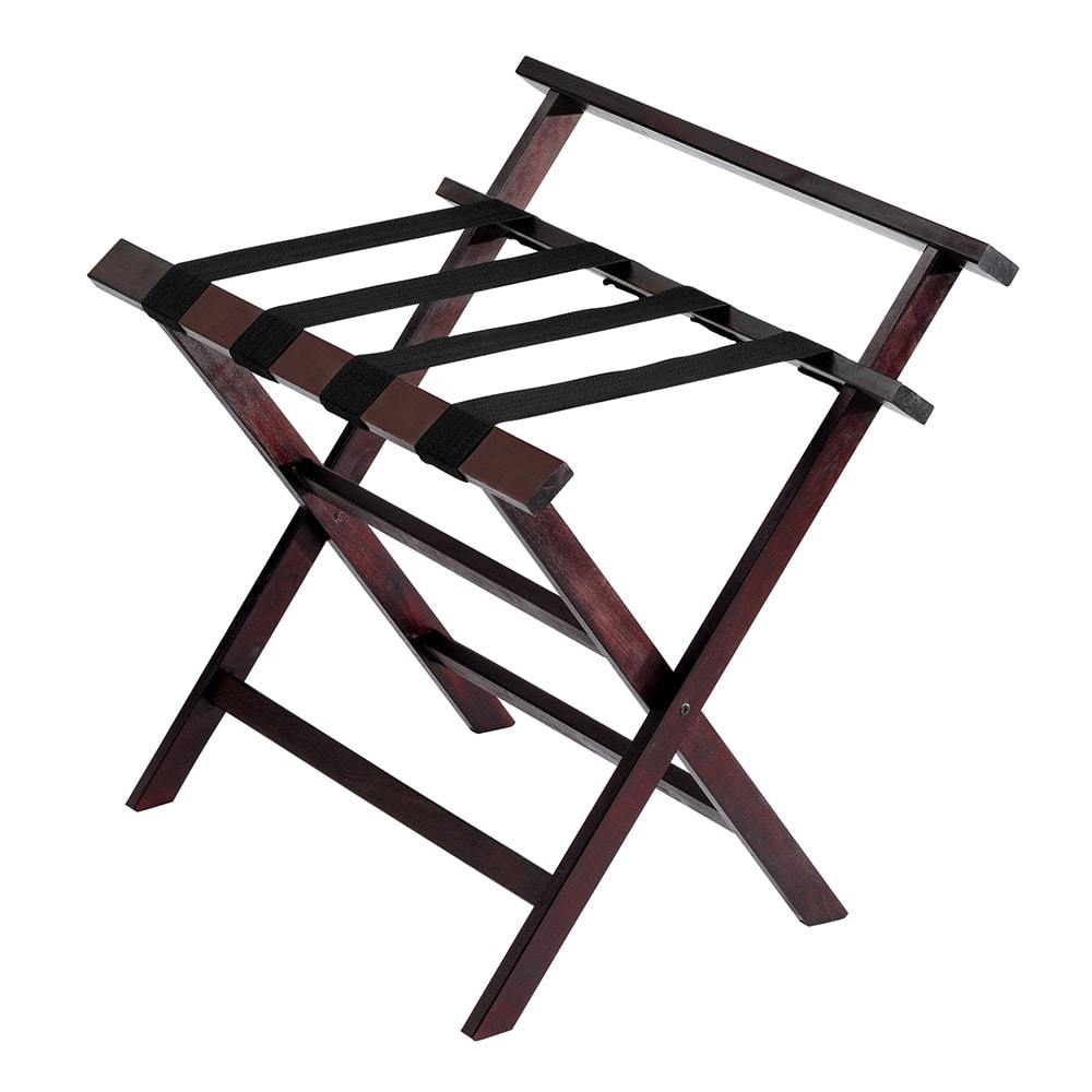 Hospitality 1 Source Folding Luggage Rack w/ 2 1/4" Black Straps - 26"W X 19"D X 26 1/4"H, Rosewood (LRRW02B)