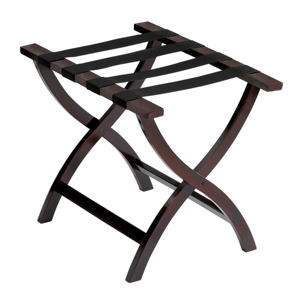 Hospitality 1 Source Folding Luggage Rack w/ 2 1/4" Black Straps - 23"W x 17"D x 20"H, Rosewood (LRWMC04)