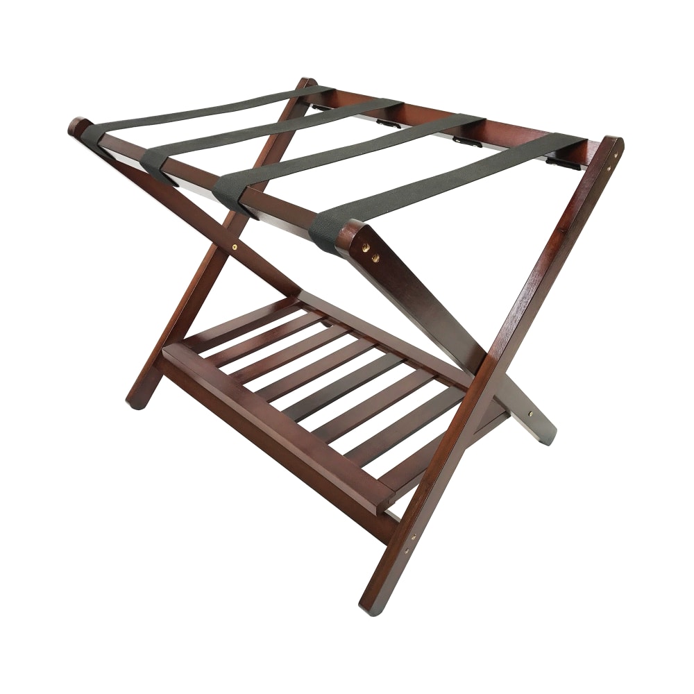 Hospitality 1 Source Folding Luggage Rack w/ 2 1/4" Black Straps - 25"W x 19"D x 21"H, Walnut (LRWSTDSR01)