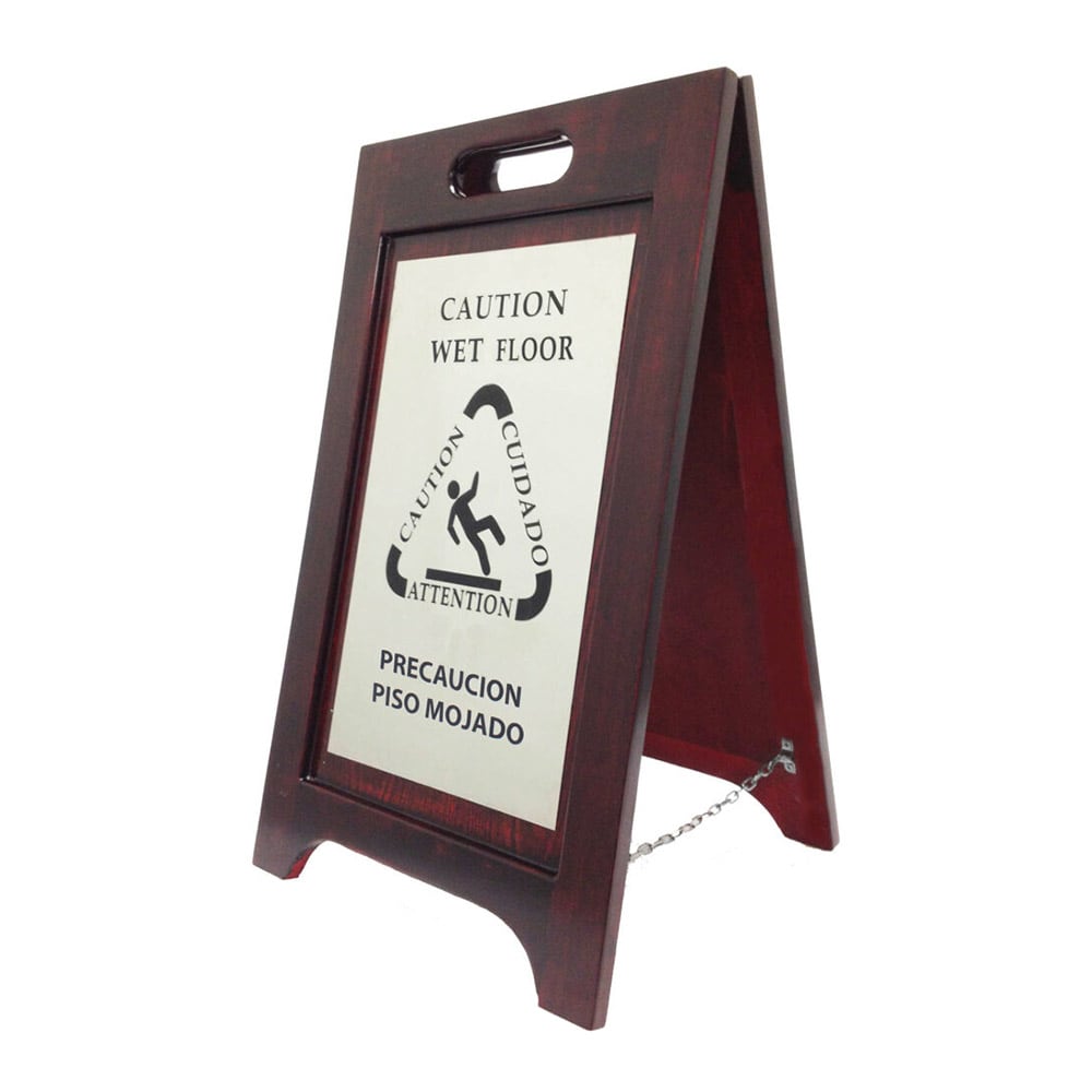 Hospitality 1 Source Multi-Lingual Caution Sign - 2 Sided Wood/Walnut (WWFBR)
