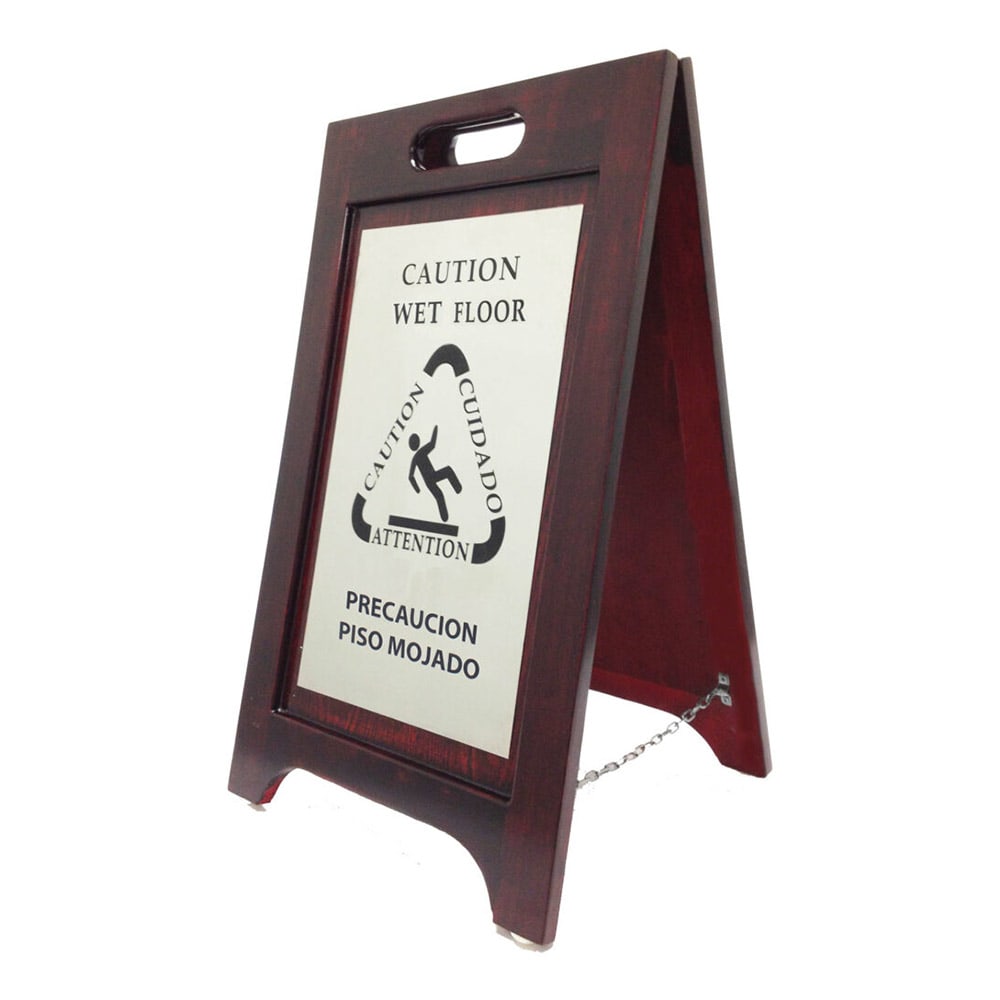 Hospitality 1 Source Multi-Lingual Caution Sign - 2 Sided Wood/Walnut (WWFNI)