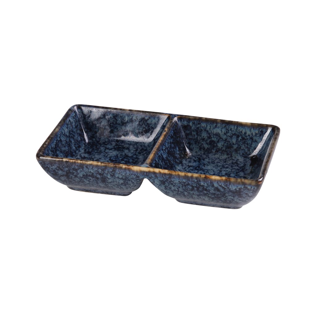 Yanco BL-4032 Rectangular Sauce Dish w/ (2) 1 1/5 oz Compartments - Ceramic, Blue Star