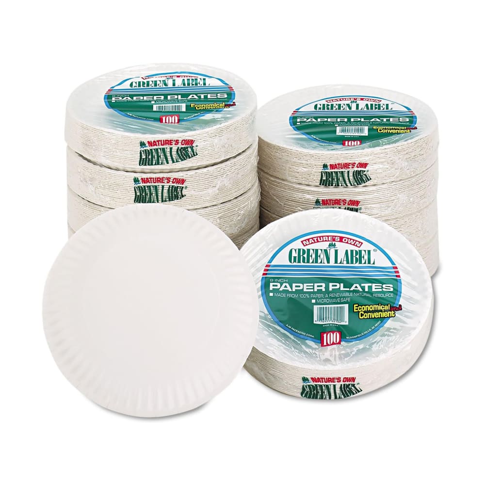 AJM Packaging Green Label® 9" Round Disposable Plate - Paper, White (PP9GREWH)
