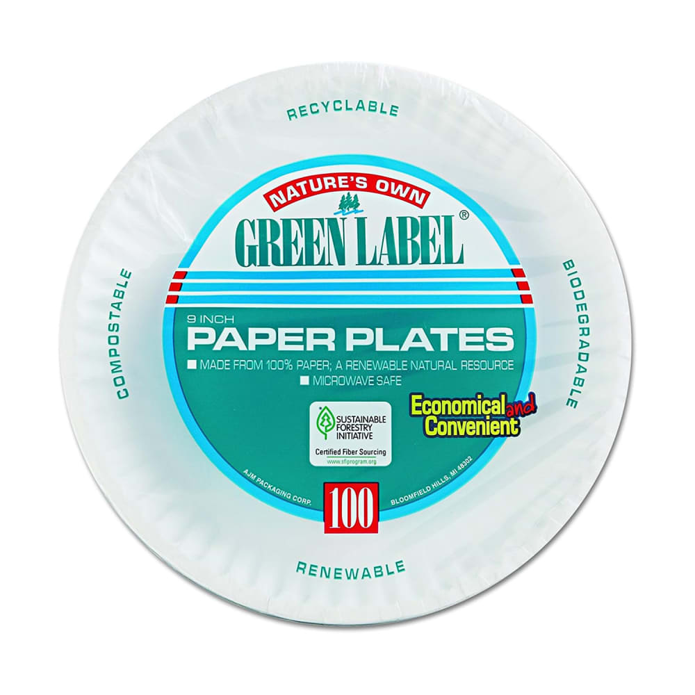 AJM Packaging Green Label® 9" Round Disposable Plate - Paper, White (PP9GRAWH)