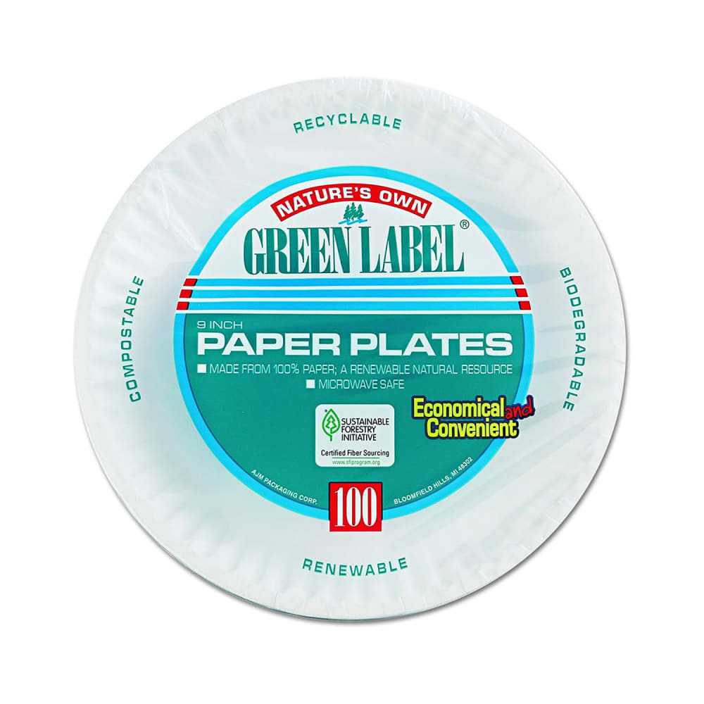 AJM Packaging Green Label® 7" Round Disposable Plate - Paper, White (PP7GR010100A)