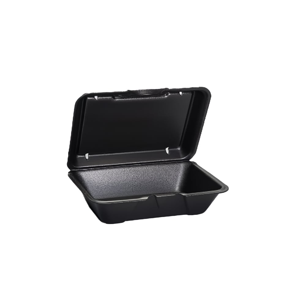Genpak 20500---3L Hinged Lid Food Container - 9 3/16"L x 6 1/2"W x 2 7/8"H, Polystyrene Foam, Black