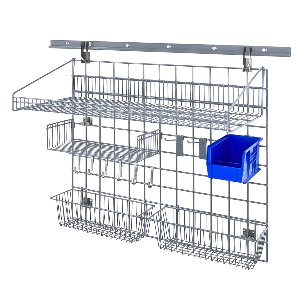 Quantum Food Service 40" Store Grid Wire Wall Mounted Shelf w/ Blue Bin, Gray (SGK-401836-4GY)