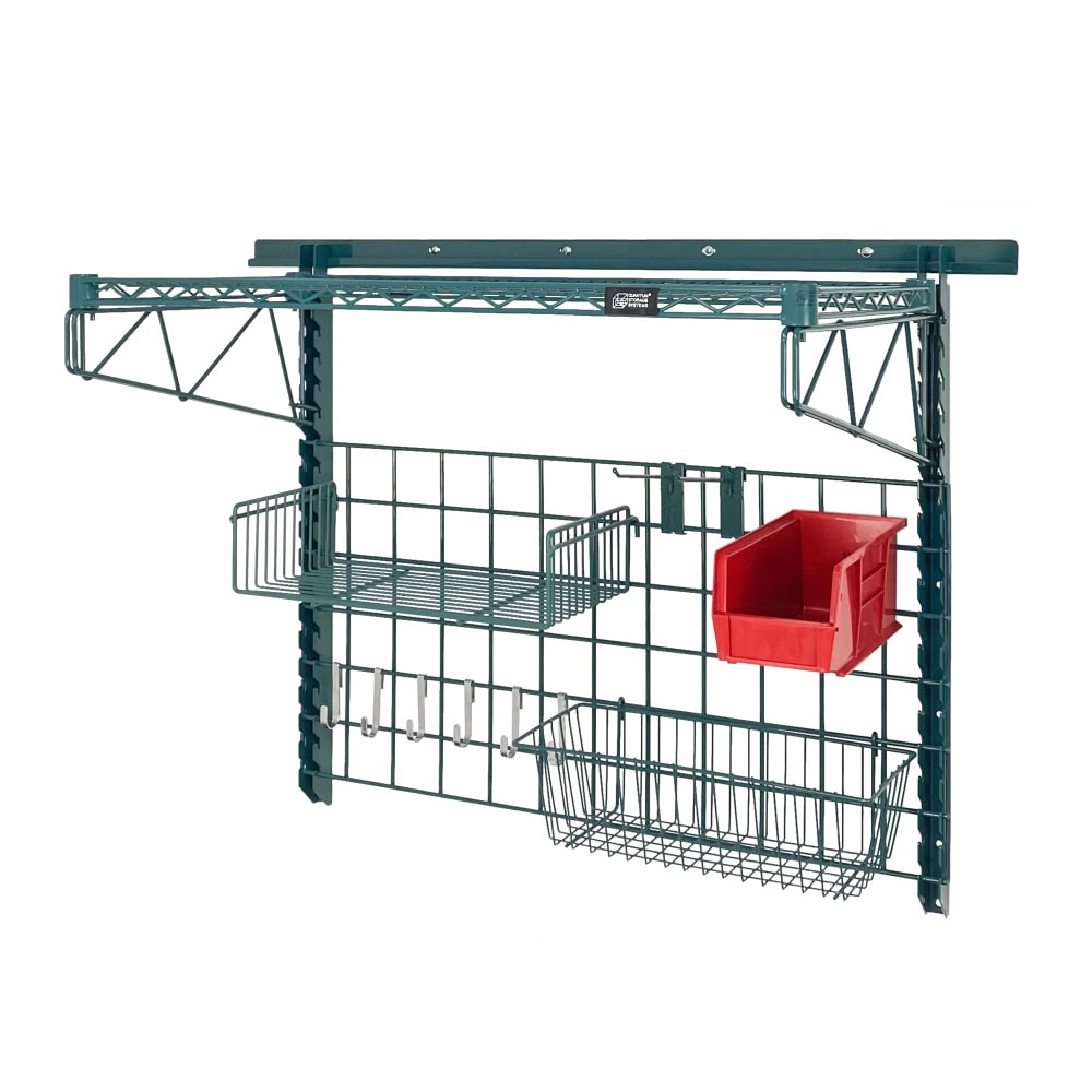 Quantum Food Service 40" Store Grid Wire Wall Mounted Shelf w/ Red Bin, Green (SGK-401836-4P)