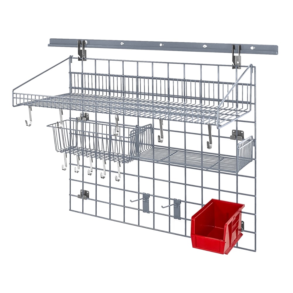 Quantum Food Service 40" Store Grid Wire Wall Mounted Shelf w/ Red Bin, Gray (SGK-403036-2GY)