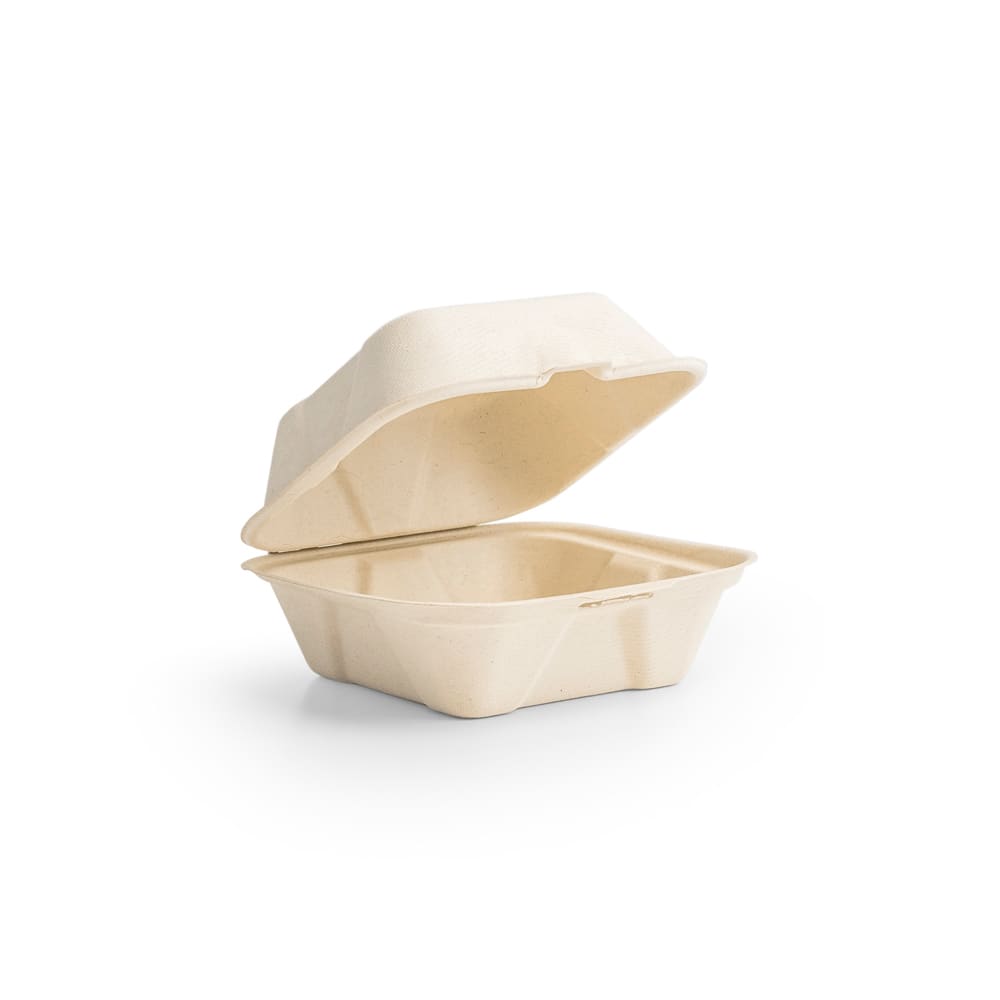 Vegware Hinged Lid Burger Box - 6" x 6", Molded Fiber, Natural (B003N)