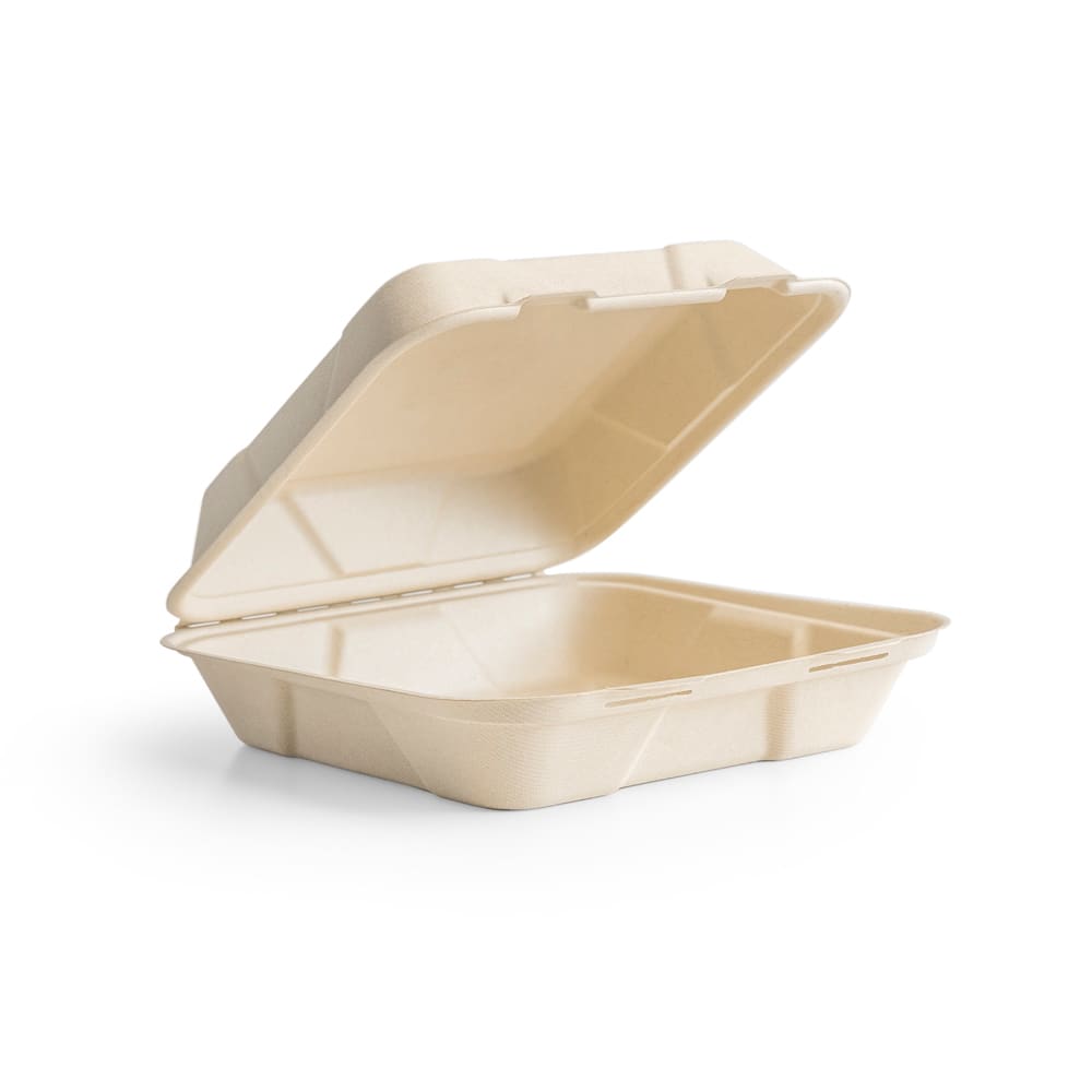 Vegware Hinged Lid Food Container - 10" x 10", Molded Fiber, Natural Brown (B027N)