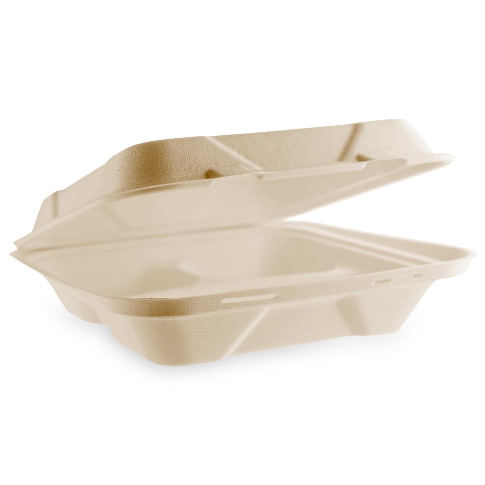 Vegware (3) Compartment Hinged Lid Food Container - 9" x 9", Molded Fiber, Natural Brown (VB09-3N)