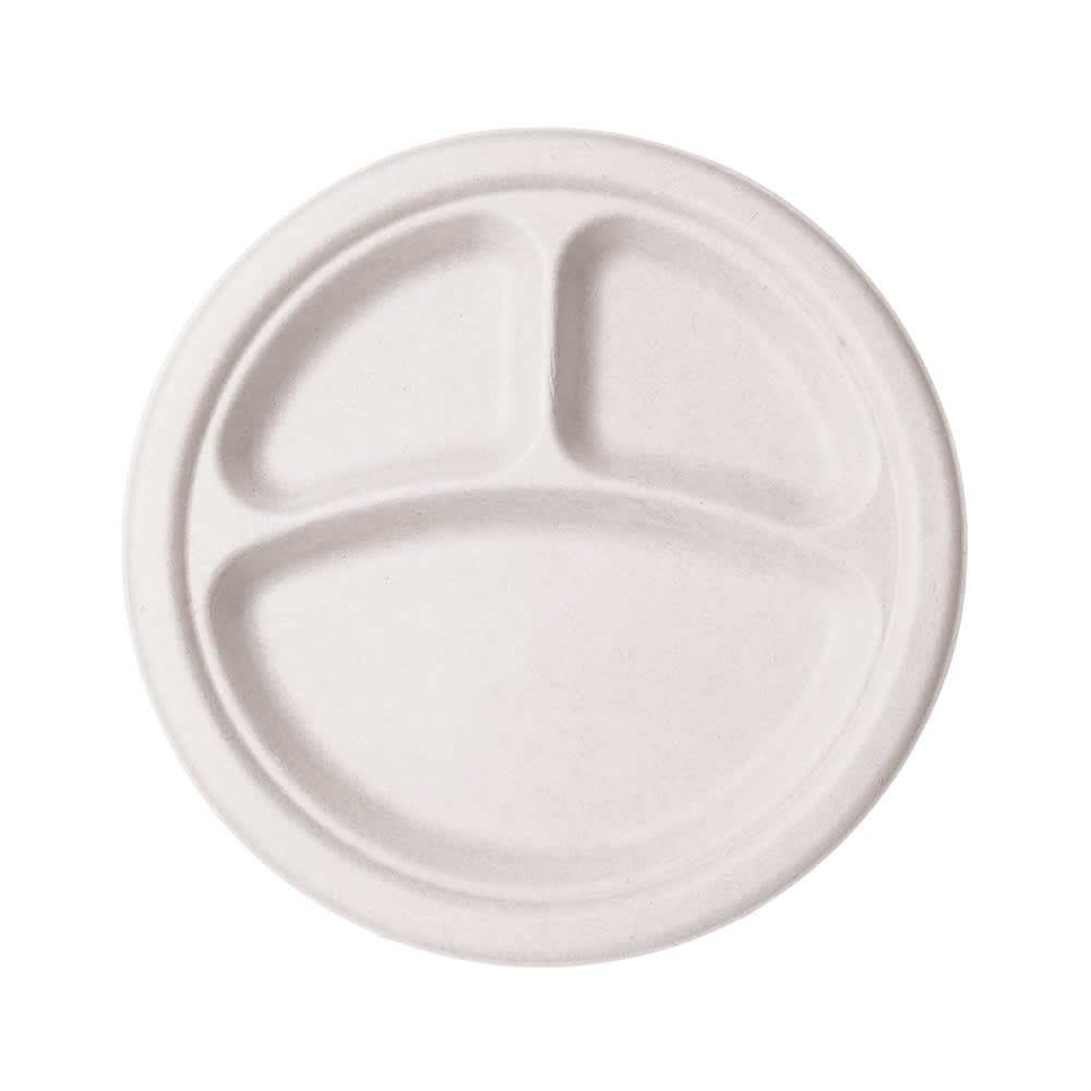 Vegware 10" Round Disposable Plate w/ (3) Compartments - Molded Fiber, White (WHBRG-10-3)