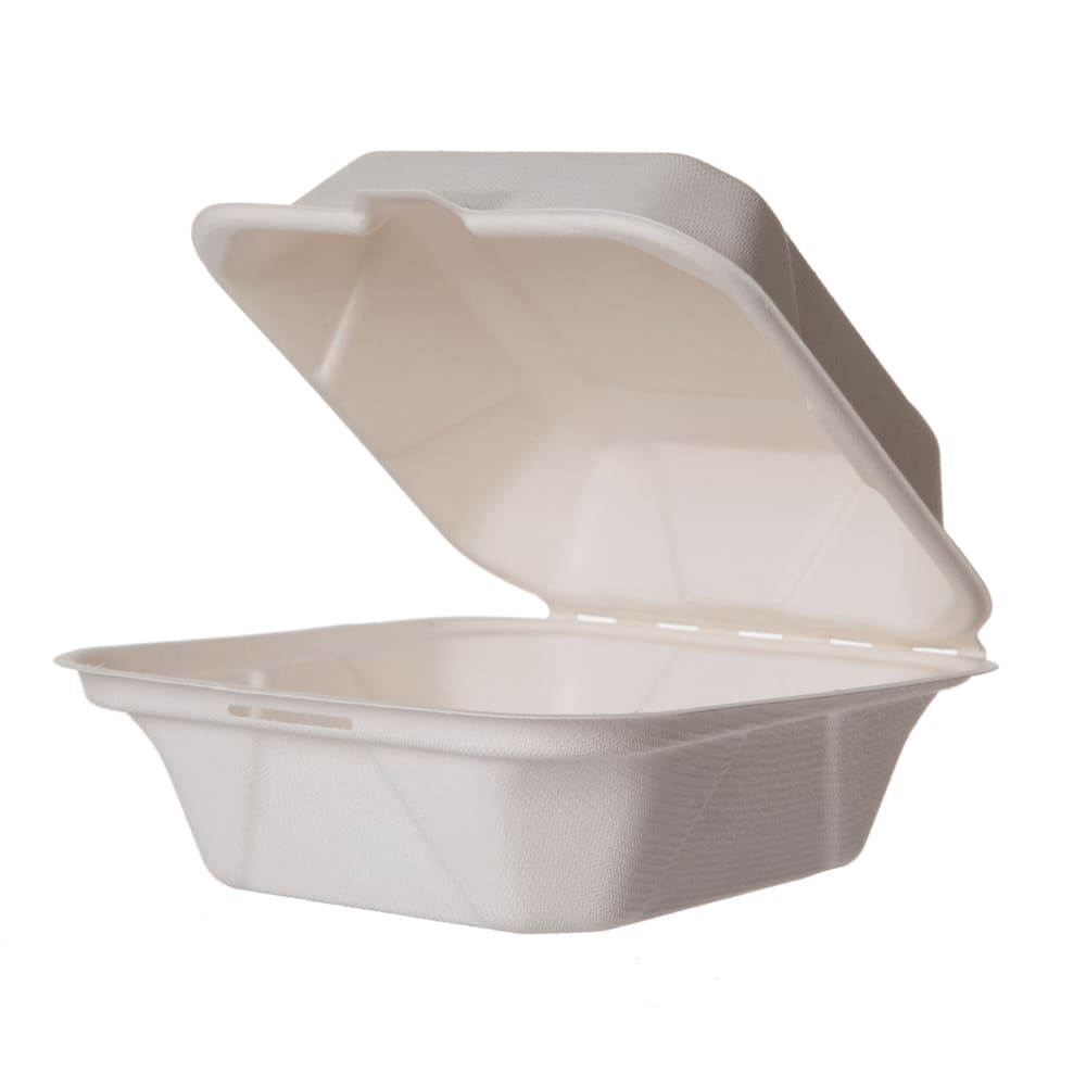 Vegware Hinged Lid Food Container - 6" x 6", Molded Fiber, White (WHBRG-6HW)