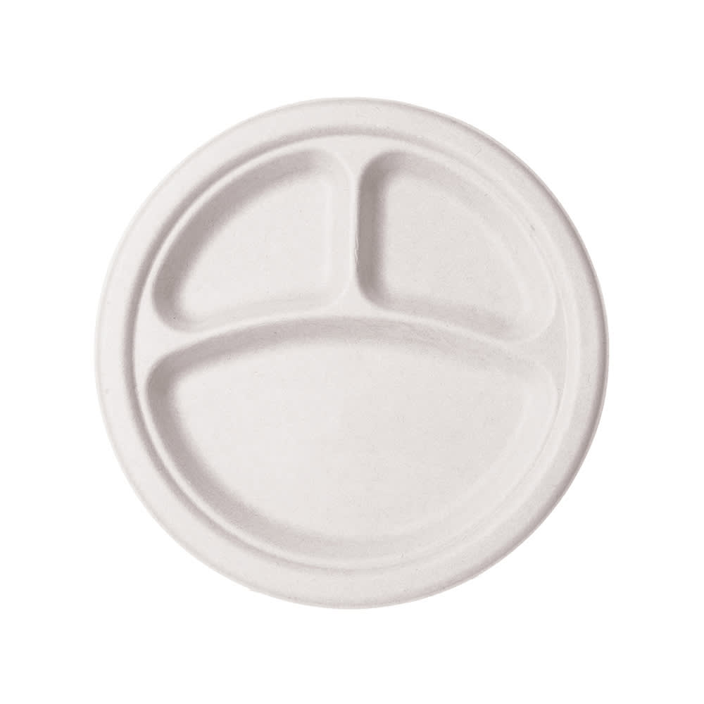 Vegware 9" Round Disposable Plate w/ (3) Compartments - Molded Fiber, White (WHBRG-9-3)