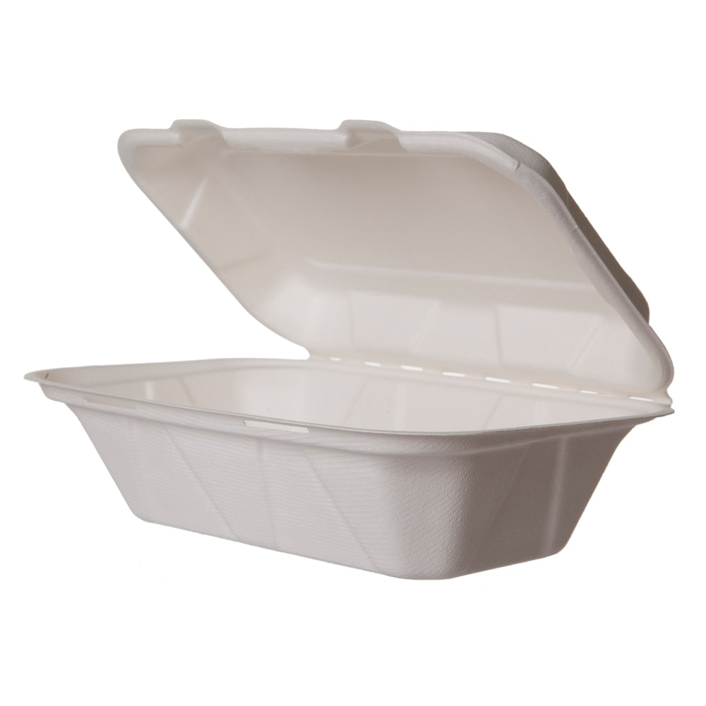 Vegware Hinged Lid Food Container - 9" x 6", Molded Fiber, White (WHBRG-HOAGIE)