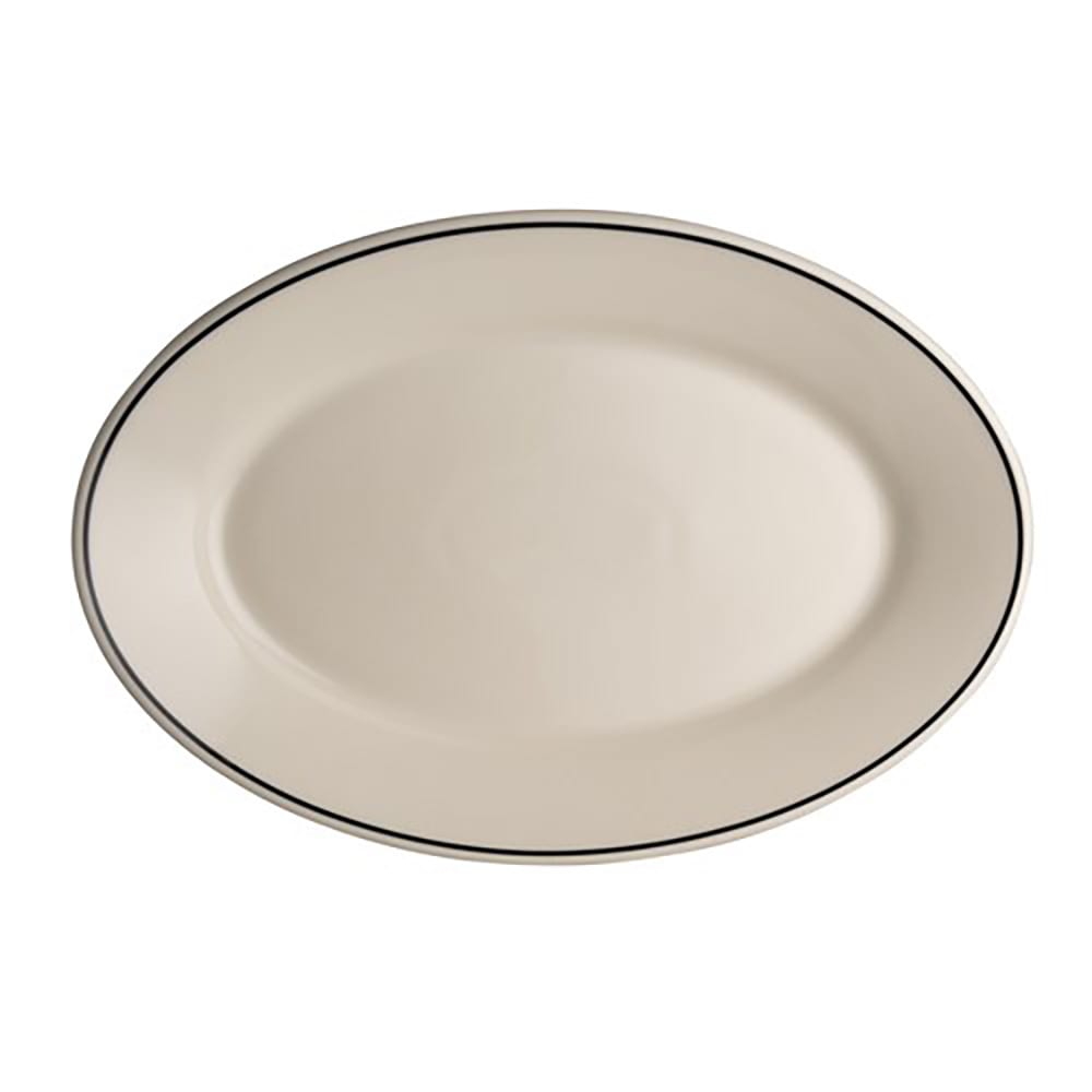 Homer Laughlin HL1531743 9 1/2" x 6 3/4" Oval Black Line Platter - China, Ivory