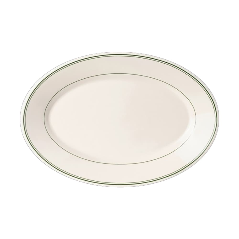Homer Laughlin HL1561 12 1/2" x 8 3/4" Oval Green Band Platter - China, Ivory