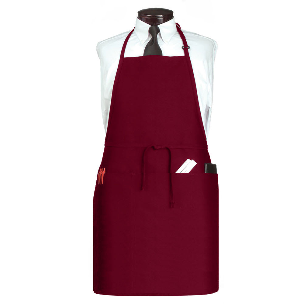 Chef Revival 3 Pocket Bib Apron w/ Adjustable Neck strap - 26" x 31", Polyester, Burgundy (CL3PBIAELBG-1)