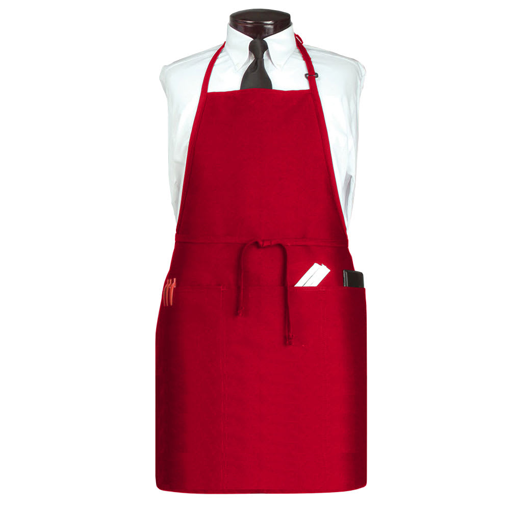 Chef Revival 3 Pocket Bib Apron w/ Adjustable Neck strap - 26" x 31", Polyester, Red (CL3PBIAELRD-1)