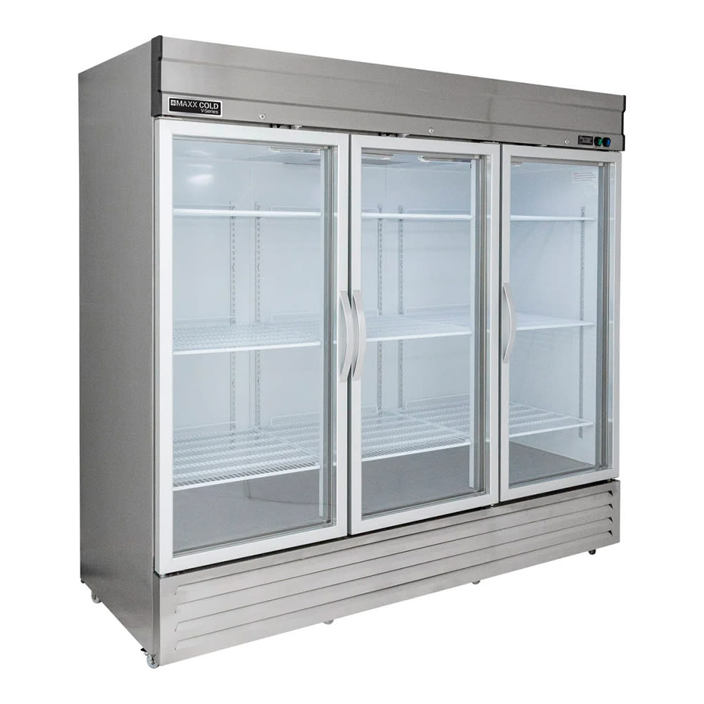 Maxx Cold MVR-72GDHC 81 1/5" V-Series Three Section Reach In Refrigerator, (3) Left/Right Hinge Glass Doors, 220v