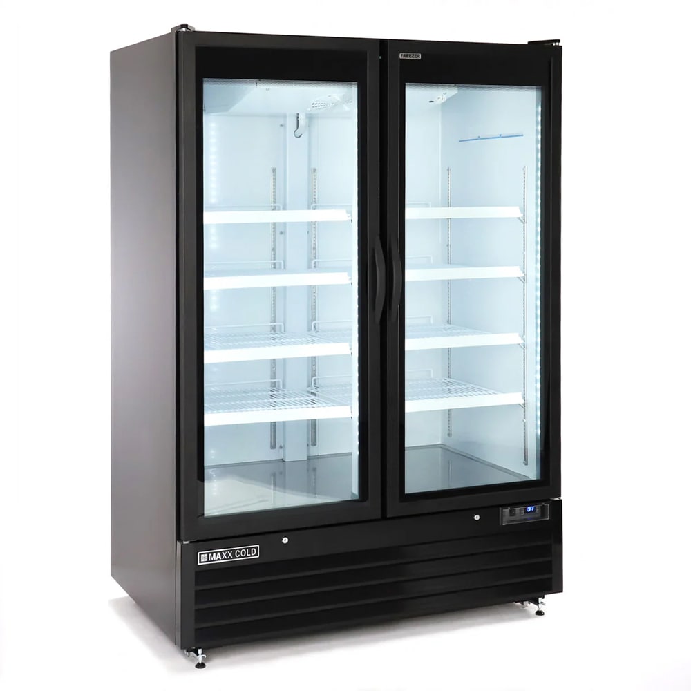 Maxx Cold MXGDM-50FBHC 54" X-Series Two Section Display Freezer w/ Swing Doors - Bottom Mount Compressor, Black, 120v