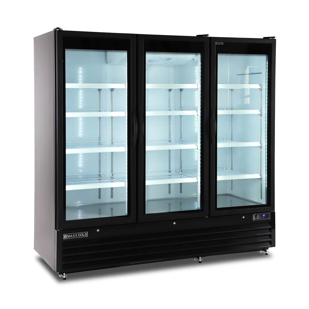 Maxx Cold MXGDM-73FBHC 81" X-Series Three Section Display Freezer w/ Swing Doors - Bottom Mount Compressor, Black, 120v