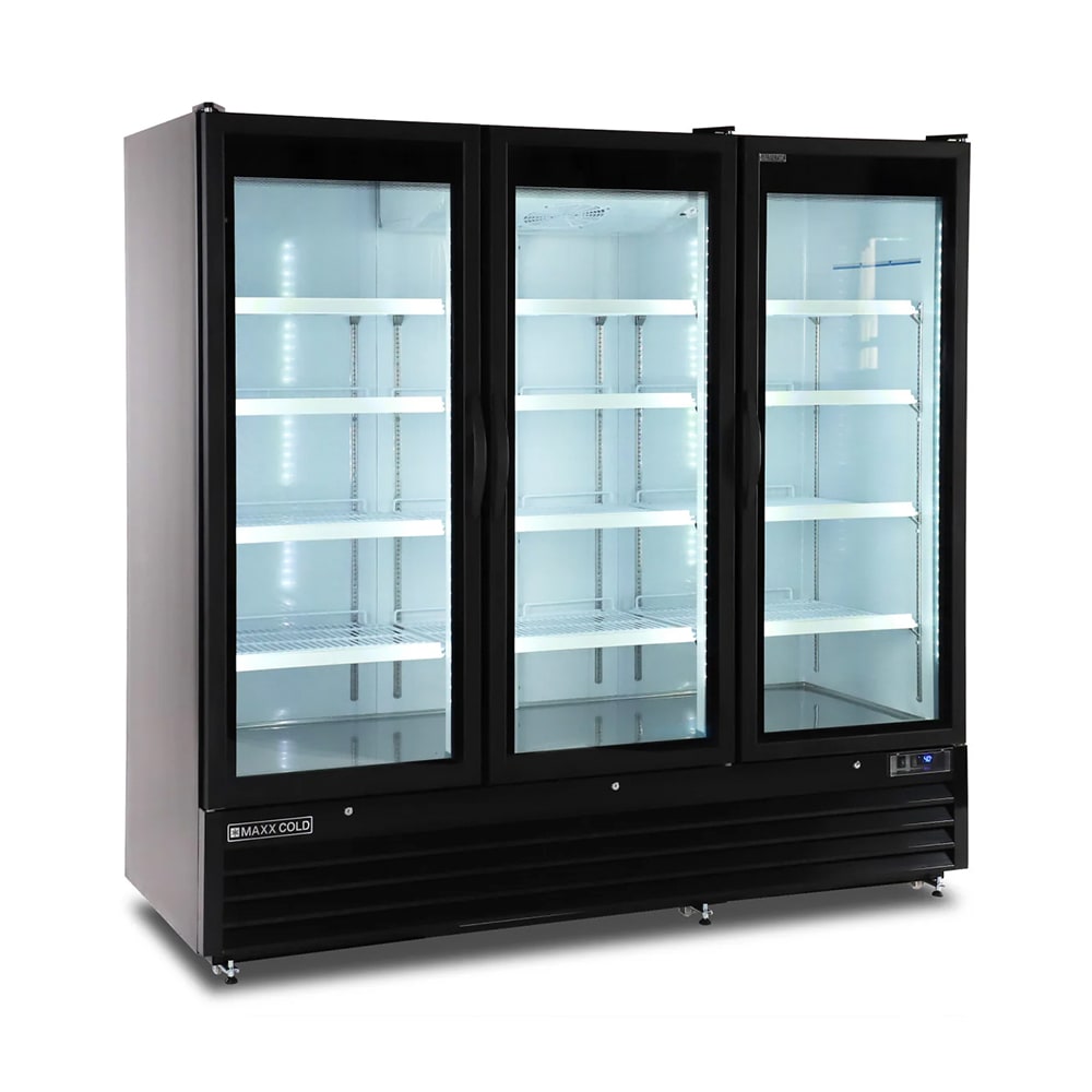 Maxx Cold MXGDM-73RBHC 81" X-Series Three Section Glass Door Merchandiser - (3) Left/Right Hinge Doors, Black, 120v