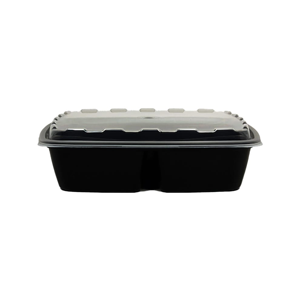 CuBE Packaging 48 oz Rectangular Container w/ (3) Compartments & Lid - Plastic, Black (SG-M-3048B-V)