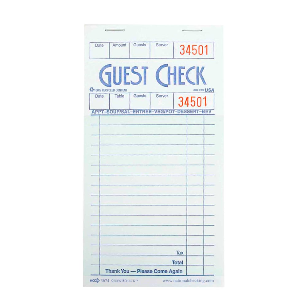 National Checking Company Guest Check - (1) Part Booked, (16) Lines (G3674SP)
