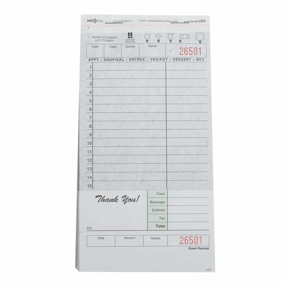 National Checking Company Guest Check - (2) Parts Booked, (15) Lines (926SW)