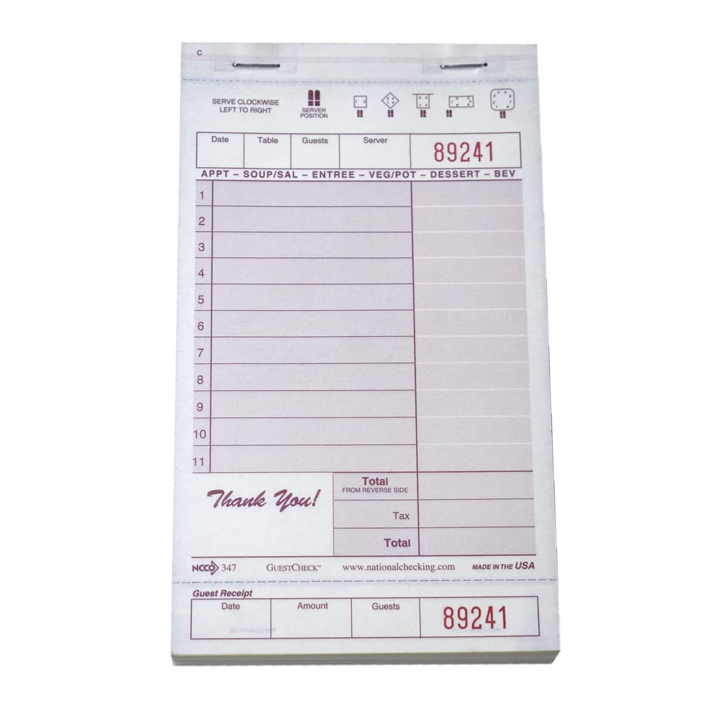 National Checking Company Guest Check - (3) Parts Booked, (11) Lines (347SW)