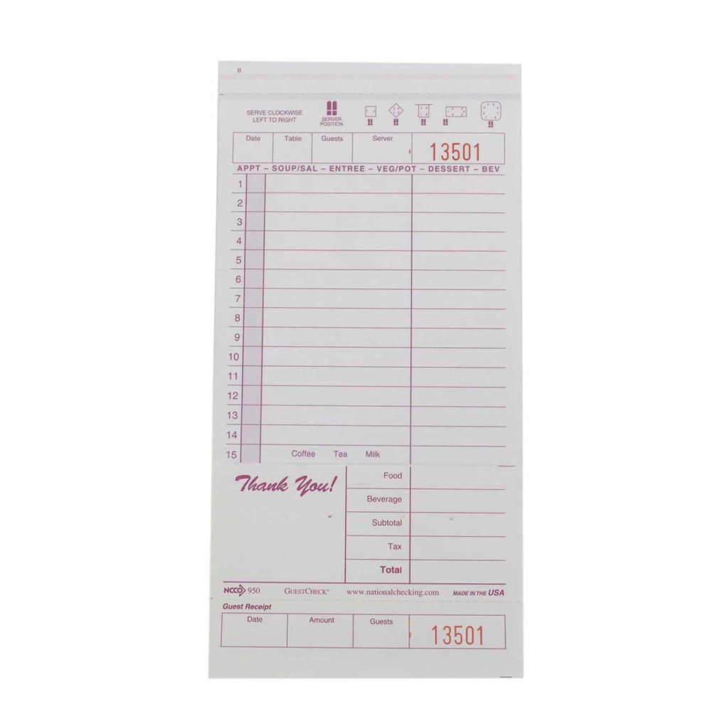 National Checking Company Guest Check - (2) Parts Booked, (15) Lines (950SW)