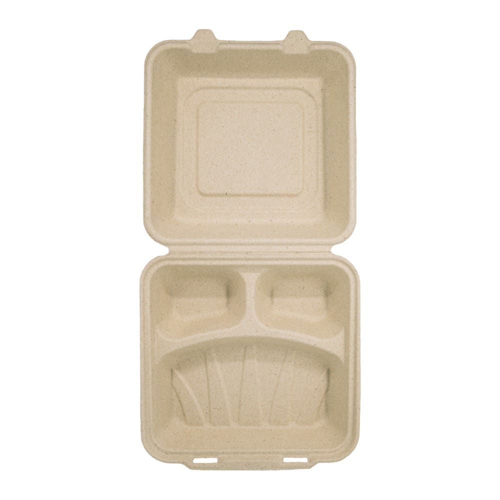 Genera 8" Square Disposable To Go Food Container w/ (3) Compartments - Molded Fiber, Natural (TCA8X83CB200IN)