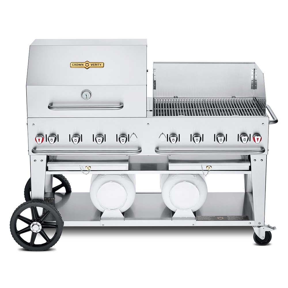 Crown Verity CV-CCB-60RWP 58" Mobile Gas Commercial Outdoor Grill w/ Roll Domes & Wind Guards, Liquid Propane