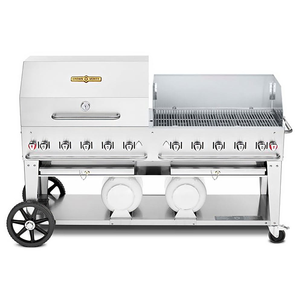Crown Verity CV-CCB-72RWP 70" Mobile Gas Commercial Outdoor Grill w/ Roll Domes & Wind Guards, Liquid Propane