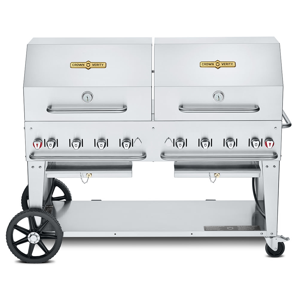 Crown Verity CV-MCB-60-SI50/100-RDP 58" Mobile Gas Commercial Outdoor Charbroiler w/ Roll Domes, Liquid Propane