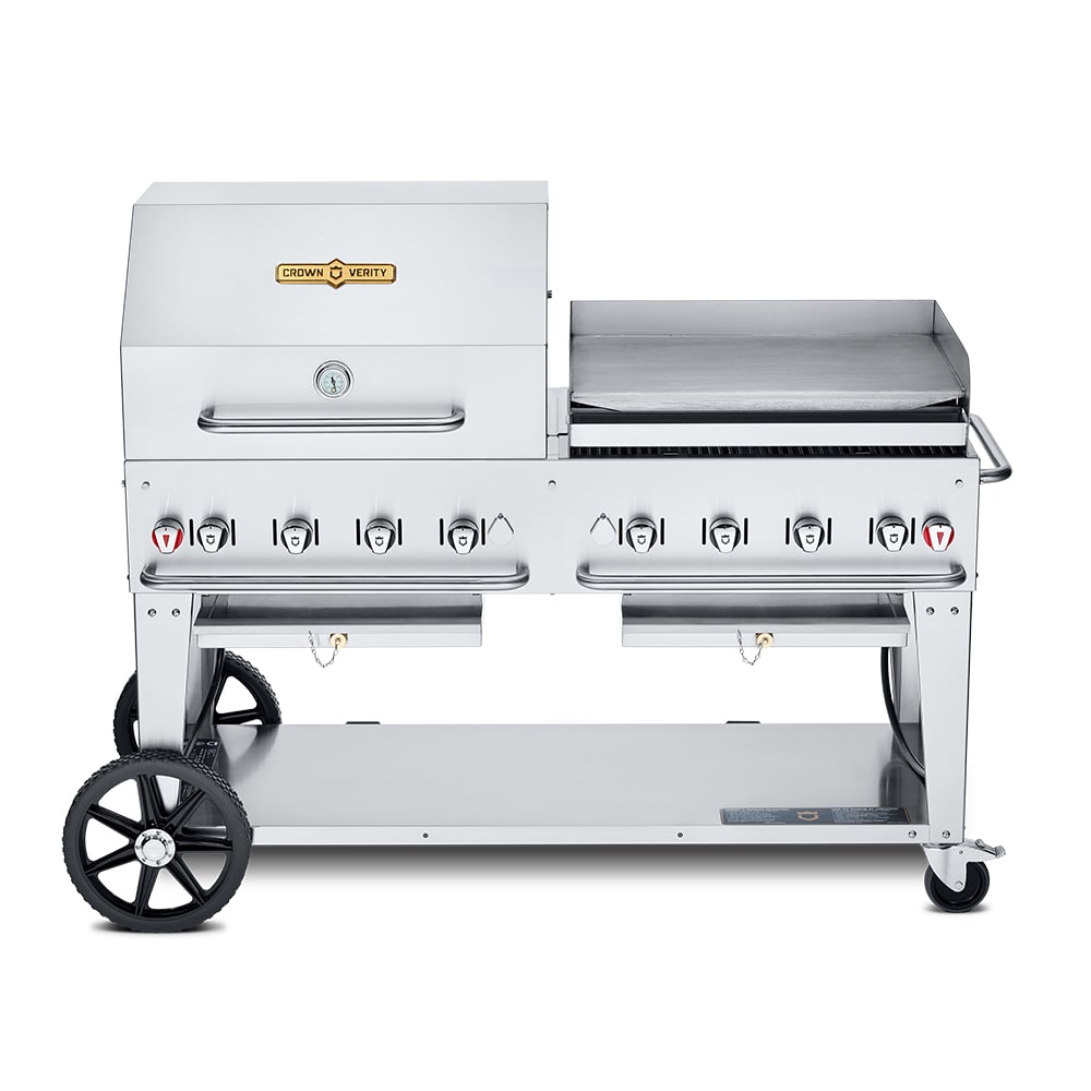 Crown Verity CV-MCB-60SI50/100-RGP 58" Mobile Gas Commercial Outdoor Charbroiler w/ Griddle, Liquid Propane