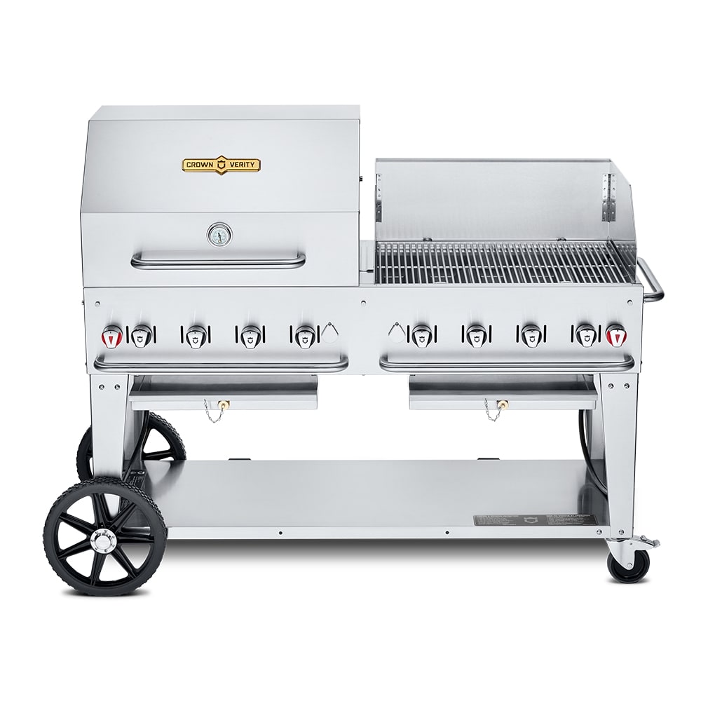 Crown Verity CV-MCB-60SI50/100-RWP 58" Mobile Gas Commercial Outdoor Charbroiler w/ Roll Dome & Wind Guard, Liquid Propane