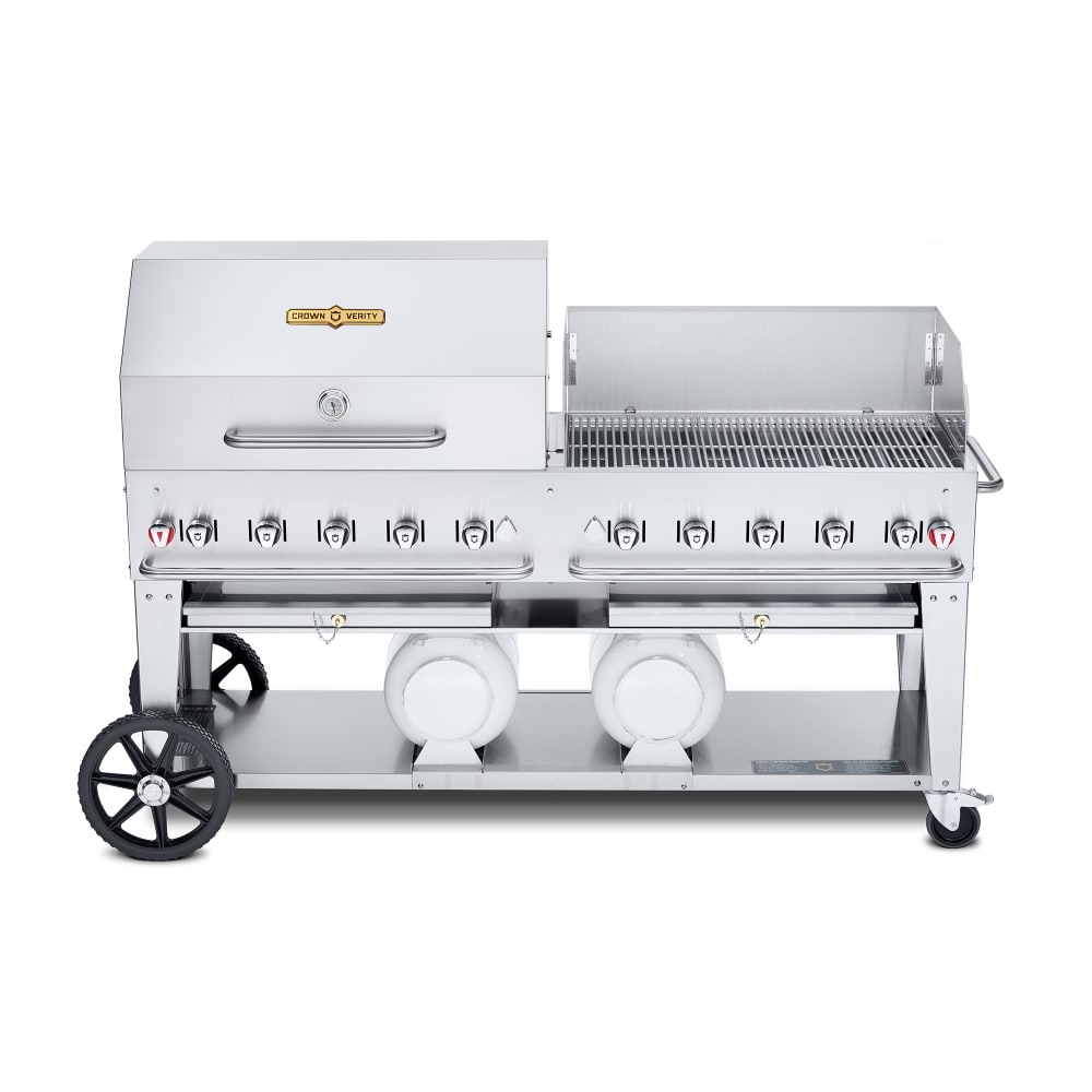 Crown Verity CV-MCB-60-SI-BULK-RWP 58" Mobile Gas Commercial Outdoor Charbroiler w/ Roll Dome & Wind Guard, Liquid Propane