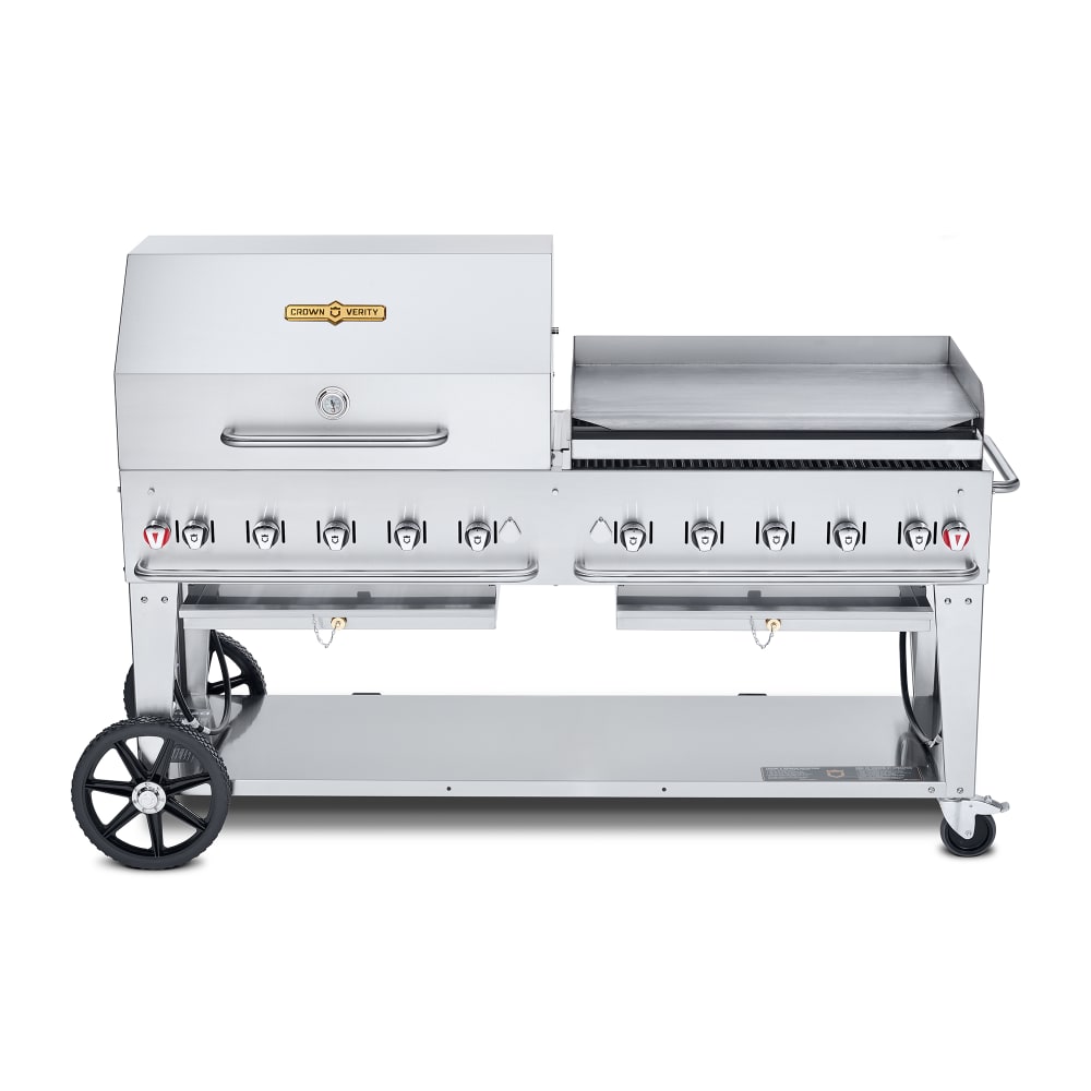 Crown Verity CV-MCB-72RGP-LP 70" Mobile Gas Commercial Outdoor Charbroiler w/ Griddle, Liquid Propane