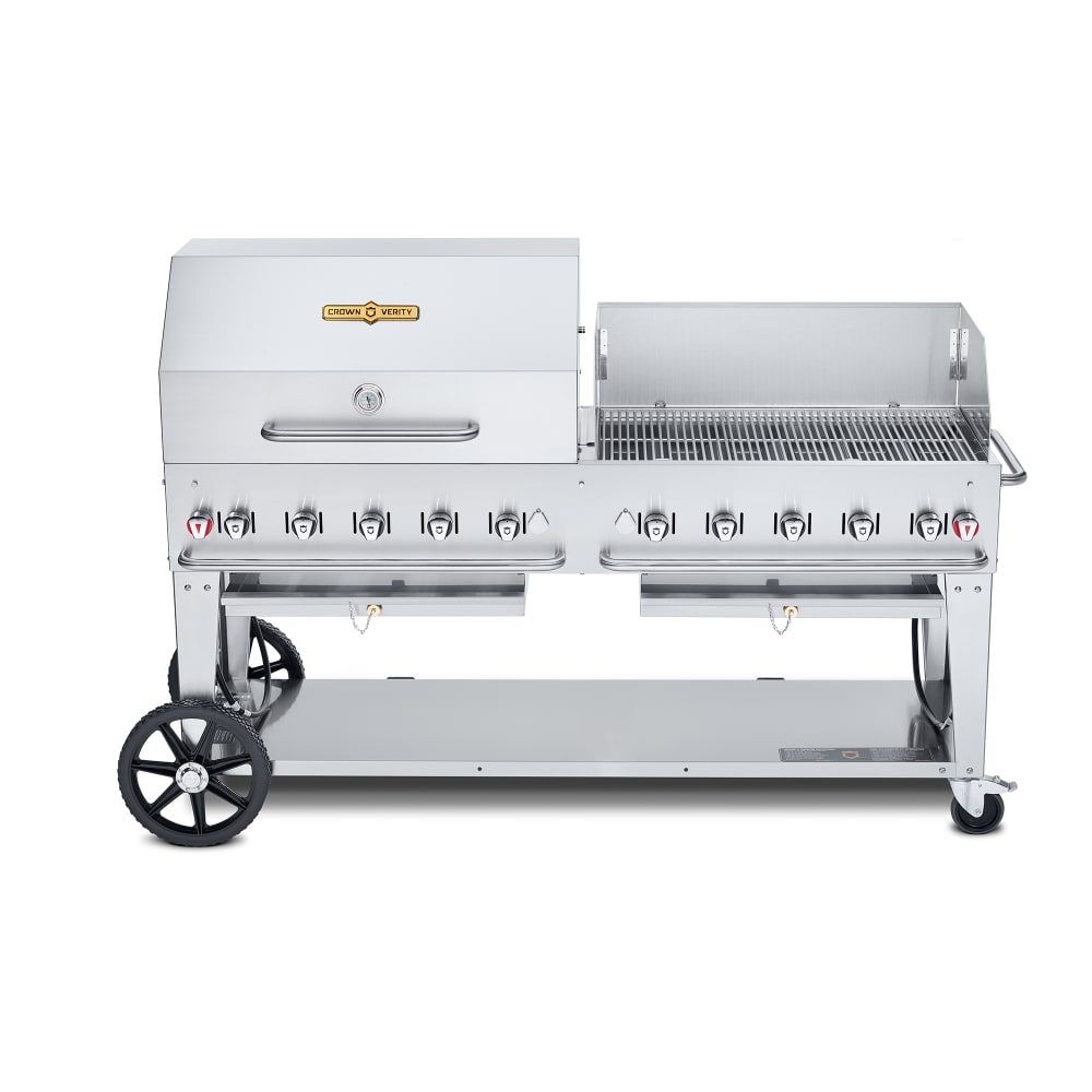 Crown Verity CV-MCB-72RWP-LP 70" Mobile Gas Commercial Outdoor Charbroiler w/ Roll Dome & Wind Guard, Liquid Propane